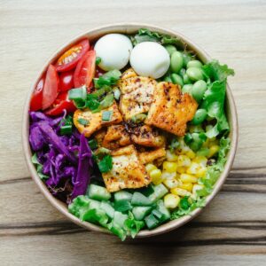 bowl of vegetable salad with tofu
